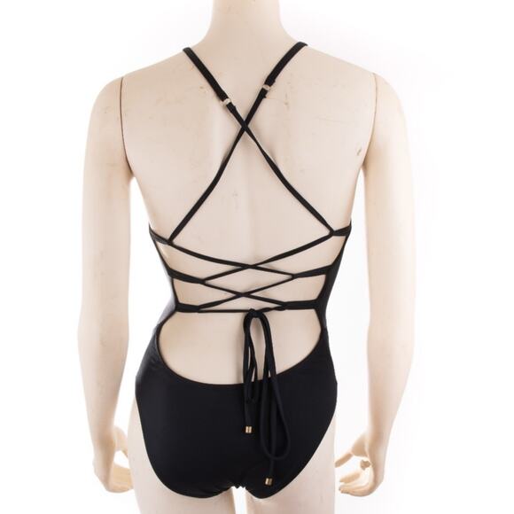 Vitamin A Perforated Black Lace Up Back One Piece Swimsuit S - Picture 6 of 9